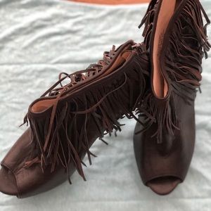 Brown leather fringe peep toe booties